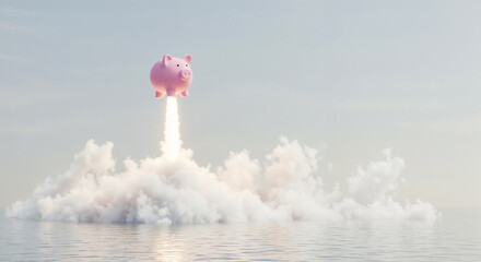 A surreal concept showing a piggy bank propelled like a rocket over the ocean. Represents economic growth, savings, investment, and futuristic financial ideas.

