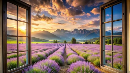 Fototapeta premium Lavender Field Mountain View from Window - Panoramic AI Photo