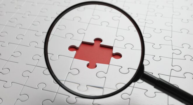 Magnifying glass focuses on a red missing puzzle piece in a white puzzle, symbolizing problem-solving and analysis.


