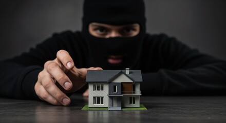 Depicts a burglar in black clothing and mask examining a small house model, symbolizing property theft and security concerns.