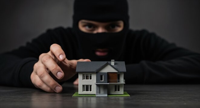 Depicts a burglar in black clothing and mask examining a small house model, symbolizing property theft and security concerns.

