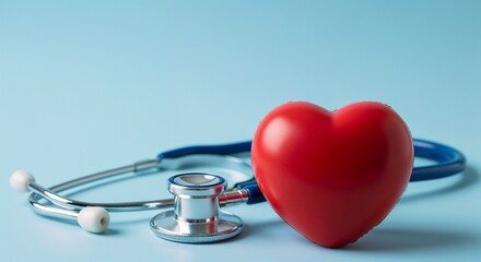 A red heart and a stethoscope placed together on a light blue surface, symbolizing healthcare or heart health. Ideal for representations of medical care, cardiology concepts, and community health