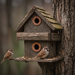 Naklejka premium A tree sparrow perched inside a rustic birdhouse in a cozy room.