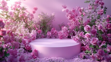 Bright pink floral arrangement surrounds a soft round platform ideal for displays or events