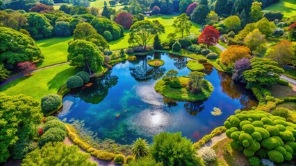 Logan Botanic Gardens Pond Aerial View, Lush Trees, Tranquil Scene
