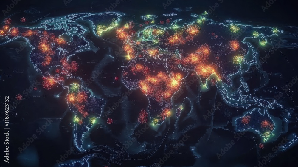 Poster world map displaying regions affected by viral outbreaks and their intensities across continents. ge