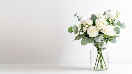 Fototapeta premium Simple and elegant Valentine's Day flower arrangement with white roses and eucalyptus in a glass jar