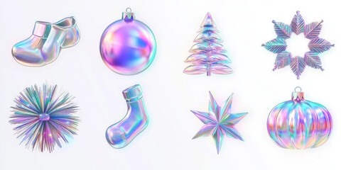 Abstract iridescent colored festive christmas icons. Holographic neon foil design elements
