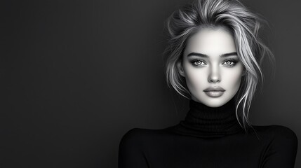 Fototapeta premium Artistic black white photography young professional woman thoughtful expression clean minimalist background dramatic studio lighting moody atmosphere Ultra-Realistic Photo Realistic highly detailed 