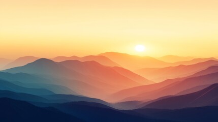 Fototapeta premium Serene sunrise over rolling hills and mountains with vibrant gradient sky