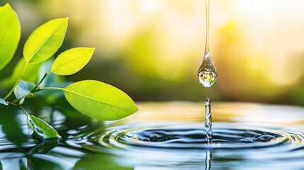 Close up of water drop on leaf with ripples in serene setting
