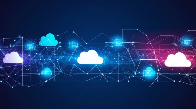 Digital cloud network with data nodes and connections on dark background