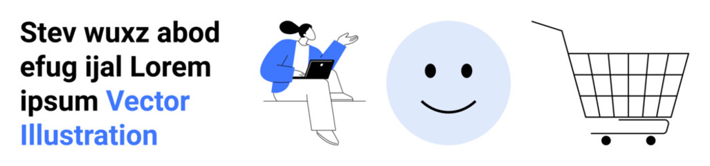 Woman using laptop, happy face, and shopping cart create a cohesive narrative around online shopping, customer satisfaction, and digital transactions. Ideal for e-commerce, marketing, customer