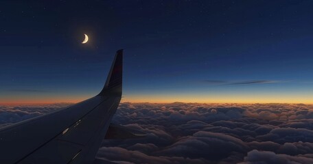 Crescent moon over airplane wing during stunning sunset flight