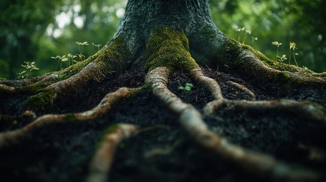 Ancient tree root covered in green moss spreading over dark soil