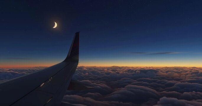 Crescent moon over airplane wing during stunning sunset flight - Powered by Adobe