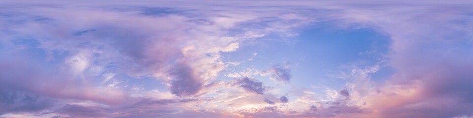 Sunset sky panorama with bright glowing pink Cumulus clouds. HDR 360 seamless spherical panorama. Full zenith or sky dome in 3D, sky replacement for aerial drone panoramas. Climate and weather change.