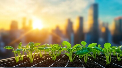 Futuristic Urban Farming: Sustainable Food Production on Green Roofs with Vibrant Technology in the Cityscape