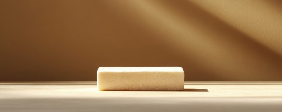 A Minimalist Composition Featuring a Single Block of Cheese Illuminated by Soft Natural Light on a Smooth Surface in a Neutral, Warm-toned Background Setting