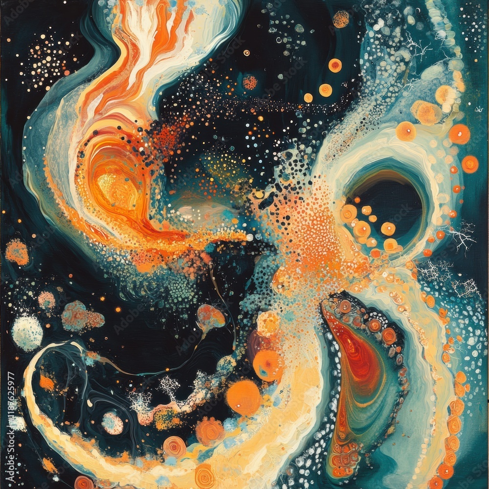Leinwandbilder Colorful abstract depiction of swirling bacteria and microbes moving in a liquid environment showcasing dynamic motion. Generative AI