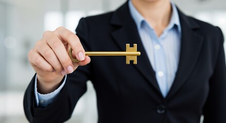 A professional holding out a golden key, symbolizing potential, opportunity, and success in business or personal goals.

