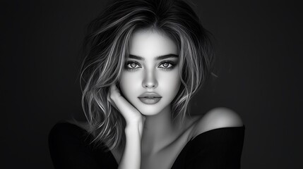 Fototapeta premium Fine art black white photography female model elegant pose clean background diffused lighting professional studio setup Ultra-Realistic Photo Realistic highly detailed 