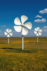 Biomimicry, A windmill farm featuring innovative blades designed to mimic nature, highlighted in a high-quality image for commercial use.