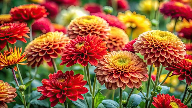 Vintage Panoramic Photography of Vibrant Red and Yellow Chrysanthemum Flowers in a Lush Garden &acirc;&euro;&ldquo; Beautiful Mums, Chrysanths, and Benjamas Blooms
