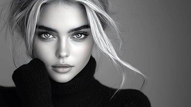 Fototapeta High end black white portrait elegant woman turtleneck sweater contemplative expression clean background soft lighting Ultra-Realistic Photo Realistic highly detailed 