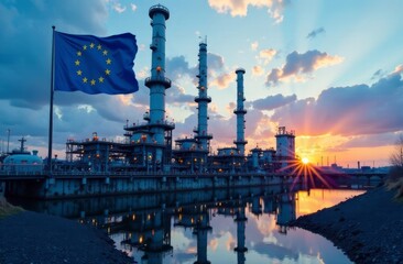 Obraz premium Petroleum industry, gas plant on the background of the EU flag. energy crisis concept