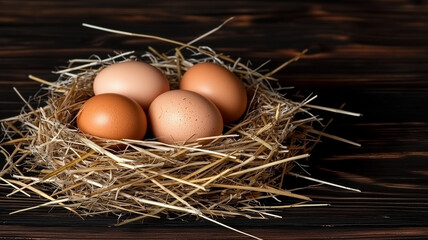 Eggs on a black background, top view, copy space
