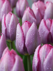 Fototapeta premium dewy pink tulips in a romantic photography style. The tulips are super fresh and covered with morning dewdrops, which create a romantic atmosphere