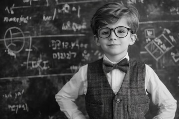 Young boy in vintage attire confidently poses against a chalkboard filled with scientific equations in a classroom setting