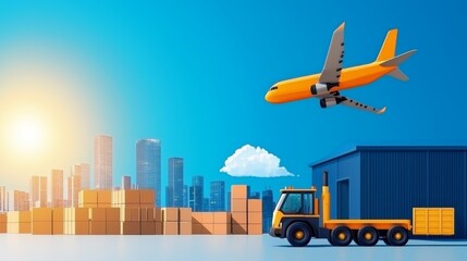 Warehouse Landscape with Delivery Truck and Airplane Over City Skyline