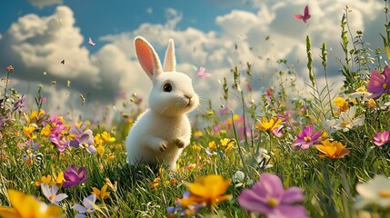 Adorable white bunny surrounded by vibrant flowers in a sunny meadow
