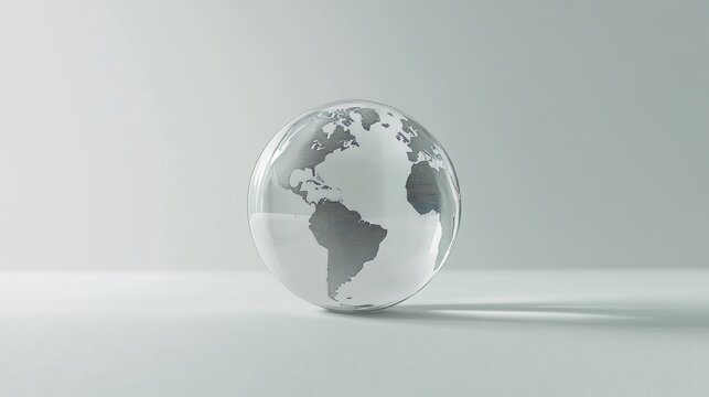 Transparent globe on minimalist background highlighting continents