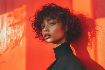 Short coiffure - curly hair. Gorgeous calm mixed-race girl - for ads, magazine ad and digital marketing use. Commercial digital ads visual design. African american concept. Black woman concept.