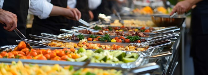 A professional caterer preparing dishes for an event, chefs cooking in an industrial kitchen with large cooking equipment