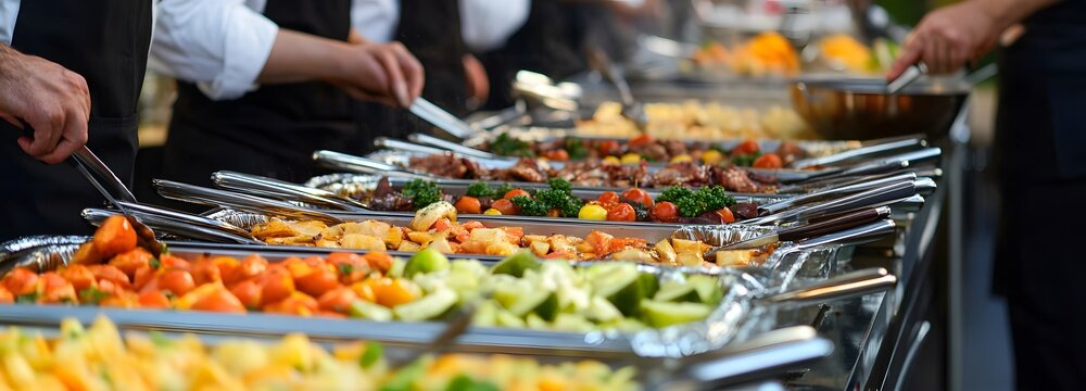 A professional caterer preparing dishes for an event, chefs cooking in an industrial kitchen with large cooking equipment