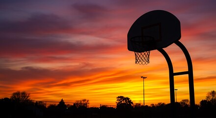 A vibrant basketball hoop silhouette against a colorful sunset , capturing the essence of outdoor sports and evening play
