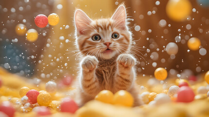 A cat stands on its hind legs and reaches up on a balloon background