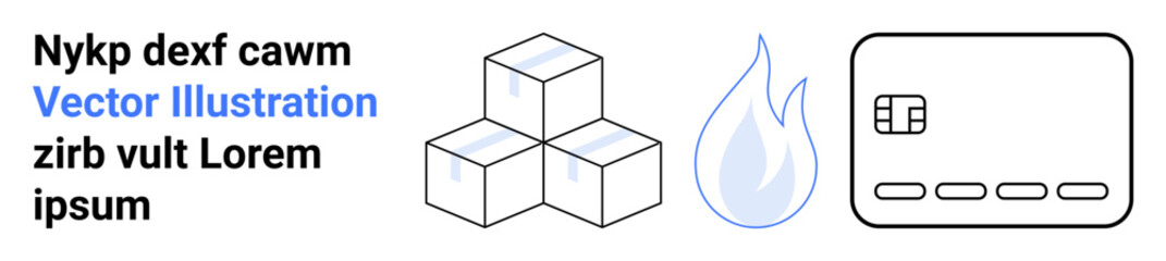 Stacked cubes, flame, and credit card with dummy text. Ideal for finance, technology, data, security, commerce abstract concepts user interface designs. Landing page