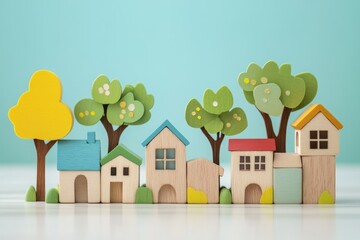 Colorful wooden toy houses and trees on a table against a blue background
