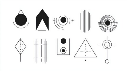 Vector illustration of a business web design set with black line icons, symbols, and shapes