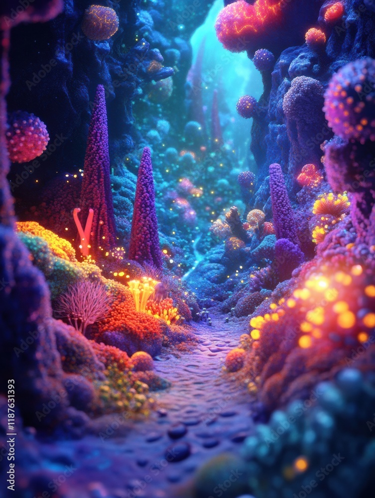 Aufkleber vibrant microscopic landscape showcasing glowing viruses in a colorful underwater environment filled