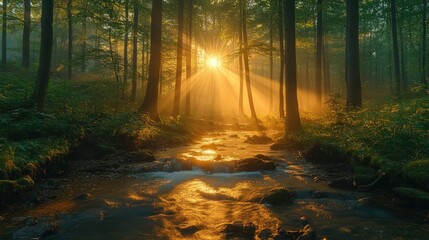 Obraz premium Sun rays illuminate a misty forest stream at dawn.