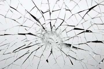 Shattered glass pattern revealing intricate cracks and a central impact point in a white background