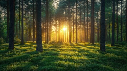 Fototapeta premium Sun rays through tall pine trees in a forest at sunset.