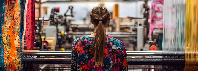 Fototapeta premium A textile manufacturing company producing clothing materials, machines weaving fabric and workers monitoring production