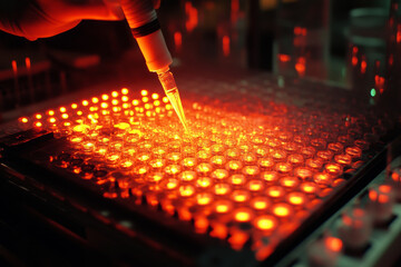 Close up of 96 well test plate being filled with liquid samples